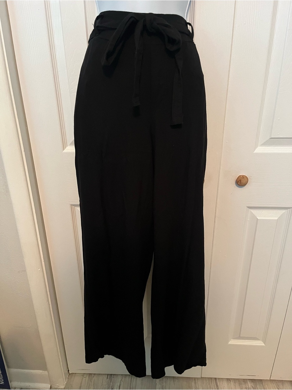 Paperbag Waist Black Wide-Leg Pants with Self-Tie